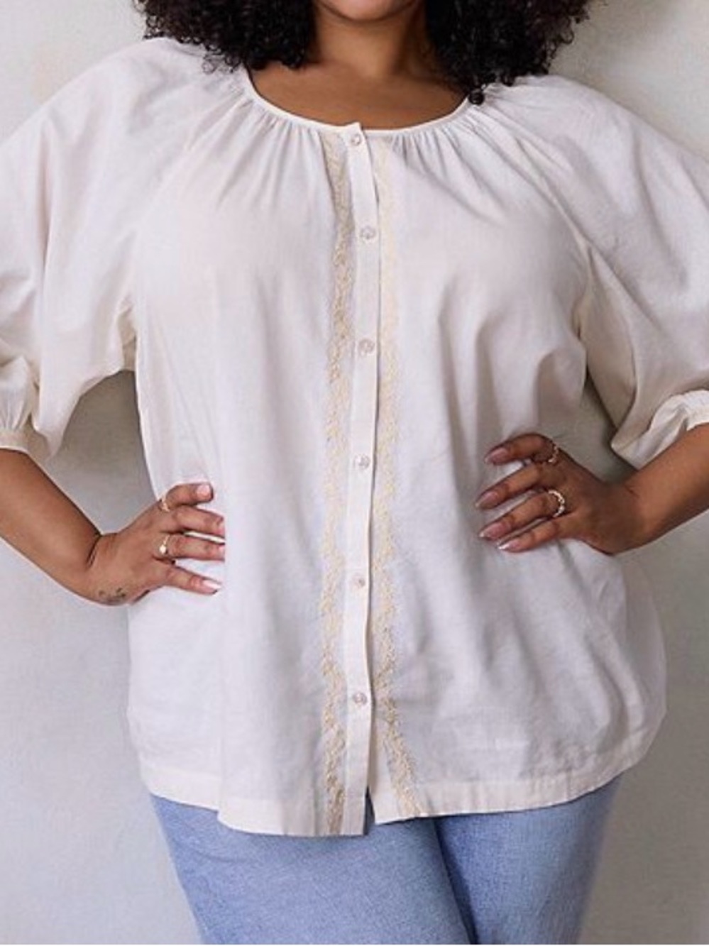 LC Lauren Conrad Cream Button-Front Blouse with Lace Trim